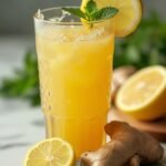 Refreshing glass of ginger lemonade garnished with a lemon slice and a mint leaf