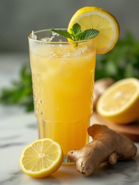 Refreshing glass of ginger lemonade garnished with a lemon slice and a mint leaf