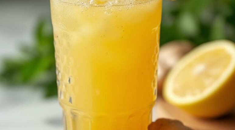 Refreshing glass of ginger lemonade garnished with a lemon slice and a mint leaf