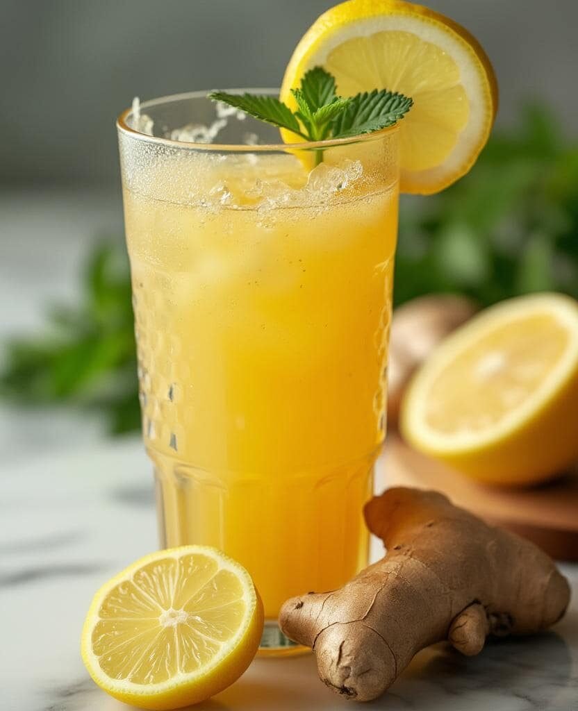 Refreshing glass of ginger lemonade garnished with a lemon slice and a mint leaf