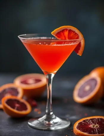 A blood orange martini served in a cocktail glass, garnished with a slice of fresh blood orange, with additional blood orange halves and slices in the background on a dark surface.