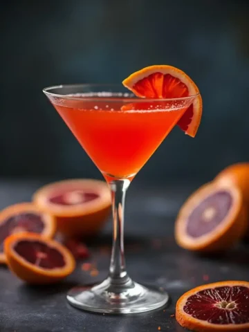 A blood orange martini served in a cocktail glass, garnished with a slice of fresh blood orange, with additional blood orange halves and slices in the background on a dark surface.