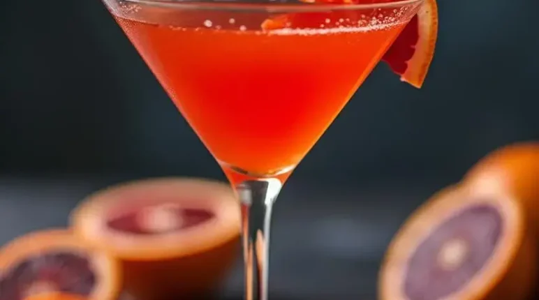 A blood orange martini served in a cocktail glass, garnished with a slice of fresh blood orange, with additional blood orange halves and slices in the background on a dark surface.