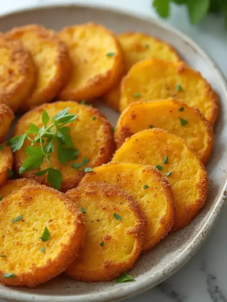 Close-up of a plate of golden-brown, breaded fried squash slices garnished with fresh parsley, served on a ceramic dish with a blurred background