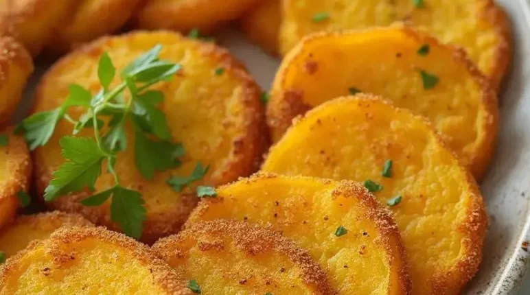 Close-up of a plate of golden-brown, breaded fried squash slices garnished with fresh parsley, served on a ceramic dish with a blurred background