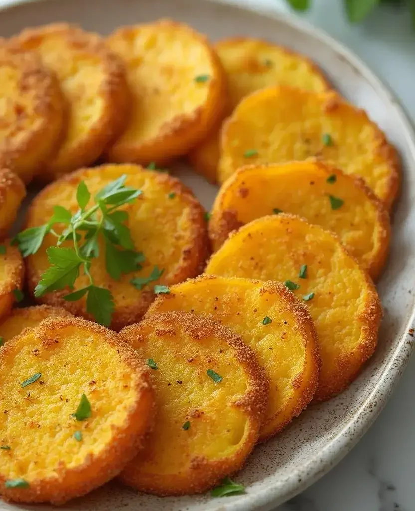 Close-up of a plate of golden-brown, breaded fried squash slices garnished with fresh parsley, served on a ceramic dish with a blurred background