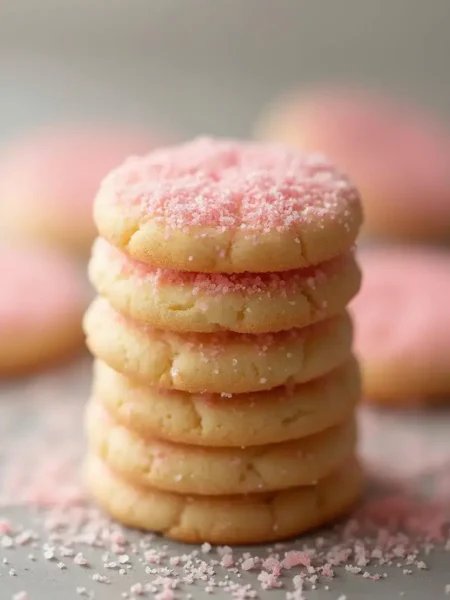 Stack of gluten-free sugar cookies topped with pink sugar sprinkles, placed on a light background with scattered sugar crystals for decoration.