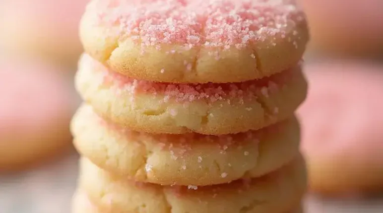 Stack of gluten-free sugar cookies topped with pink sugar sprinkles, placed on a light background with scattered sugar crystals for decoration.