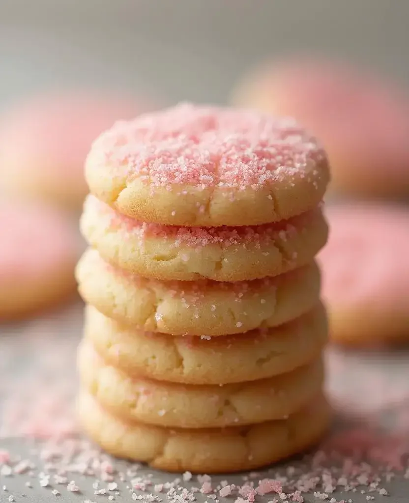 Stack of gluten-free sugar cookies topped with pink sugar sprinkles, placed on a light background with scattered sugar crystals for decoration.