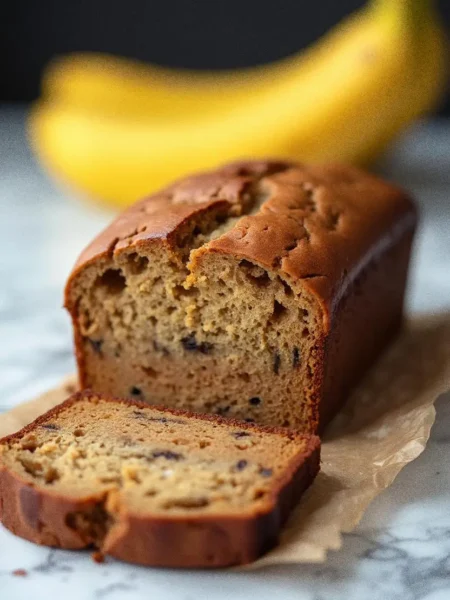 Freshly baked banana bread with a soft and moist texture, placed on parchment paper with ripe bananas in the background.