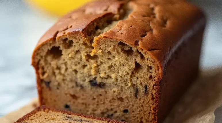 Freshly baked banana bread with a soft and moist texture, placed on parchment paper with ripe bananas in the background.