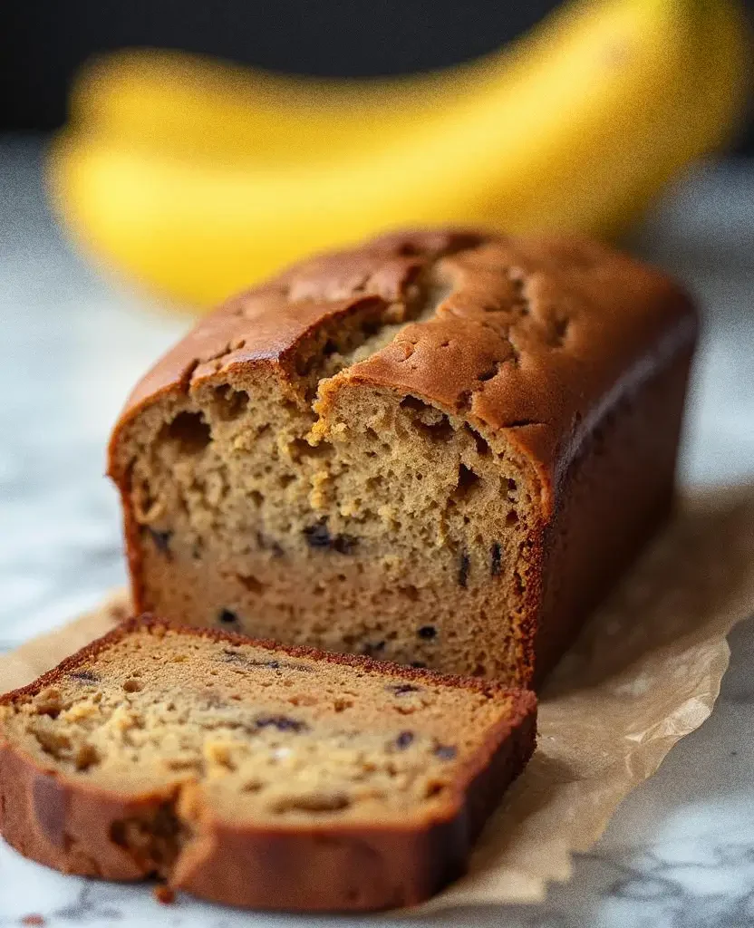 Freshly baked banana bread with a soft and moist texture, placed on parchment paper with ripe bananas in the background.