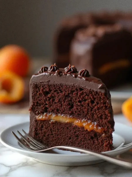 A close-up of a slice of the Original Sachertorte, a rich chocolate cake with a layer of apricot jam and glossy chocolate glaze, served on a white plate with a fork.