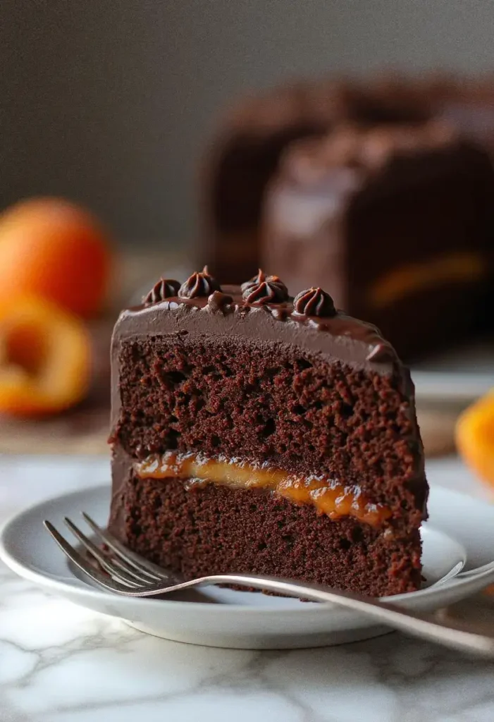 A close-up of a slice of the Original Sachertorte, a rich chocolate cake with a layer of apricot jam and glossy chocolate glaze, served on a white plate with a fork.