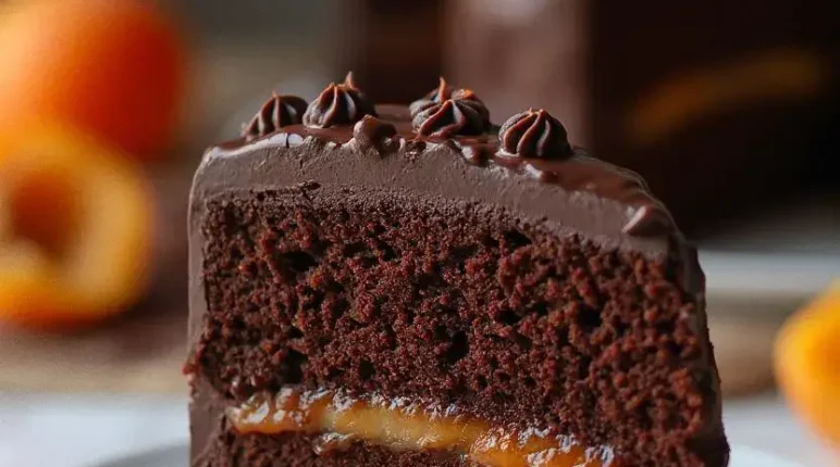 A close-up of a slice of the Original Sachertorte, a rich chocolate cake with a layer of apricot jam and glossy chocolate glaze, served on a white plate with a fork.