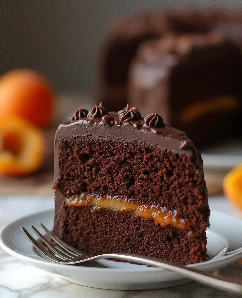 A close-up of a slice of the Original Sachertorte, a rich chocolate cake with a layer of apricot jam and glossy chocolate glaze, served on a white plate with a fork.