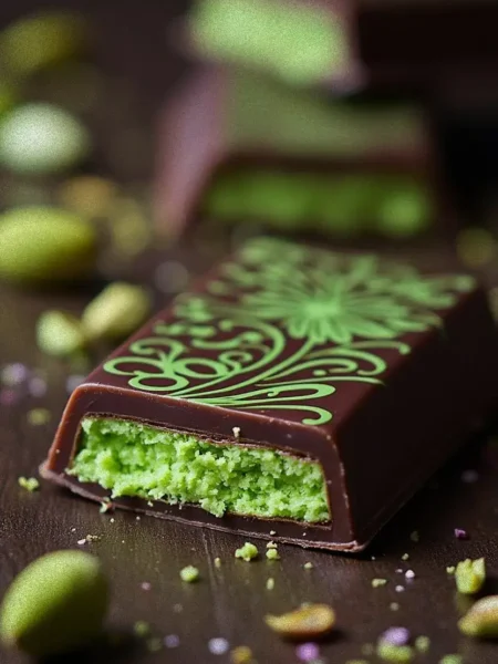 Close-up of a dark chocolate bar with intricate green decorative patterns on top and a vibrant green pistachio filling, surrounded by pistachio crumbs on a wooden surface.