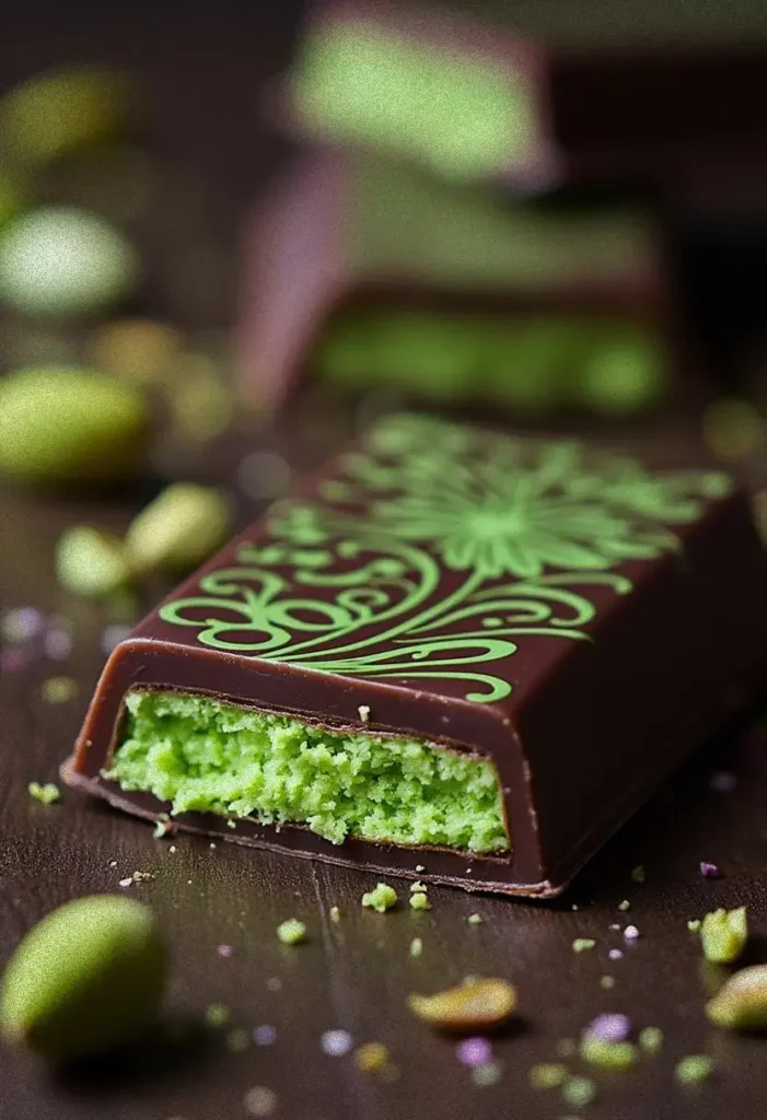 Close-up of a dark chocolate bar with intricate green decorative patterns on top and a vibrant green pistachio filling, surrounded by pistachio crumbs on a wooden surface.