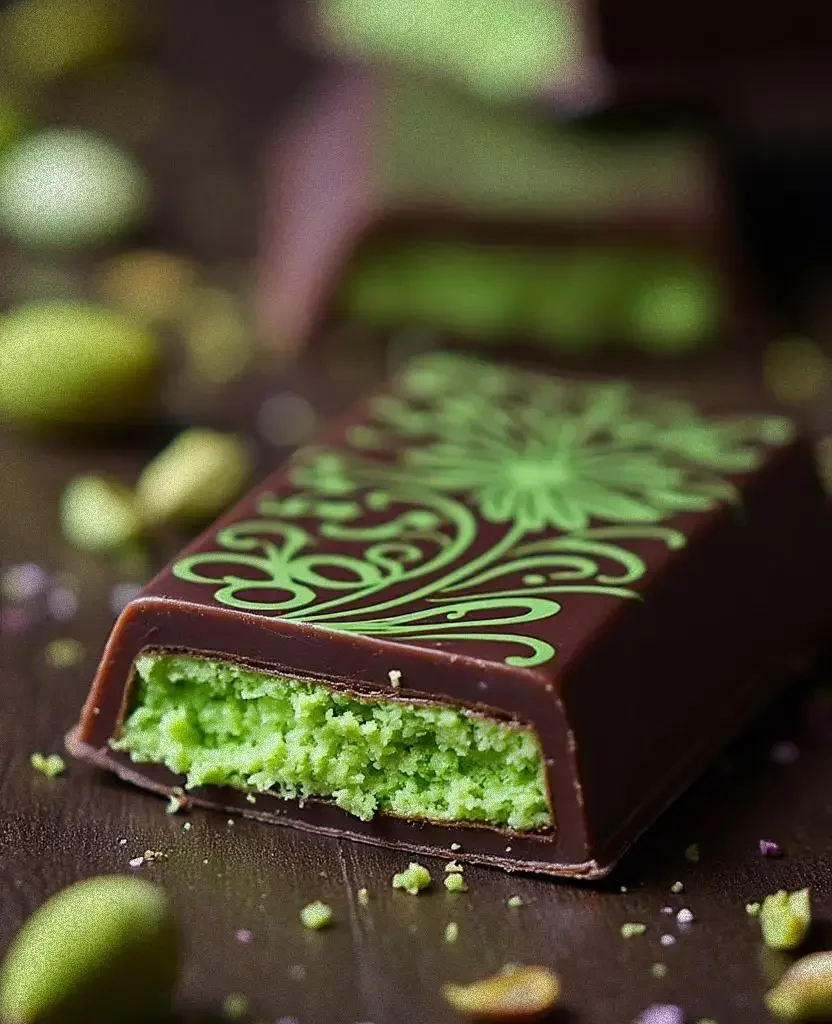 Close-up of a dark chocolate bar with intricate green decorative patterns on top and a vibrant green pistachio filling, surrounded by pistachio crumbs on a wooden surface.