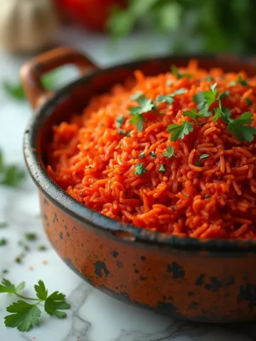 A close-up of vibrant red rice garnished with fresh parsley in a rustic, black-speckled terracotta bowl on a marble surface, with sprigs of parsley in the background.