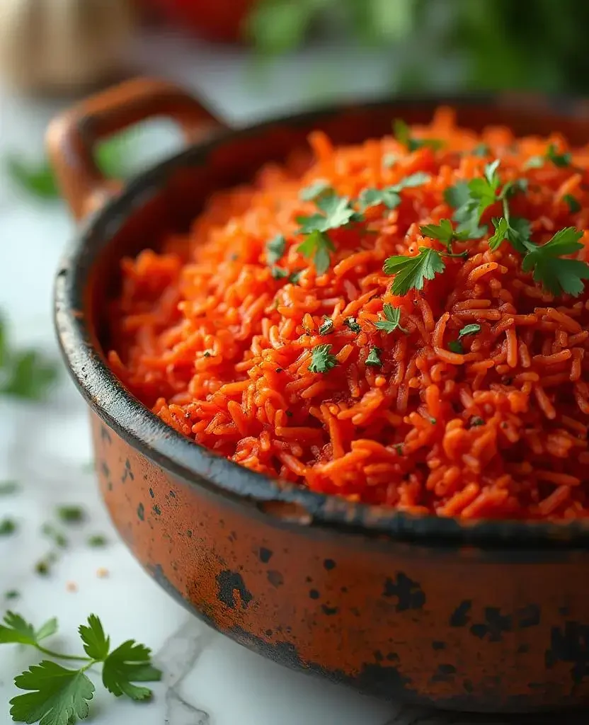 A close-up of vibrant red rice garnished with fresh parsley in a rustic, black-speckled terracotta bowl on a marble surface, with sprigs of parsley in the background.