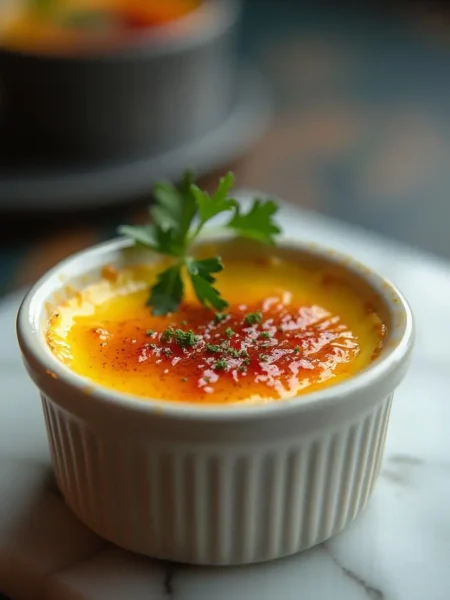 Savory crab brûlée with caramelized topping, garnished with fresh parsley in a white ramekin.