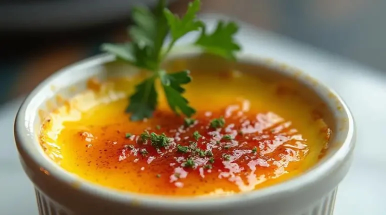 Savory crab brûlée with caramelized topping, garnished with fresh parsley in a white ramekin.