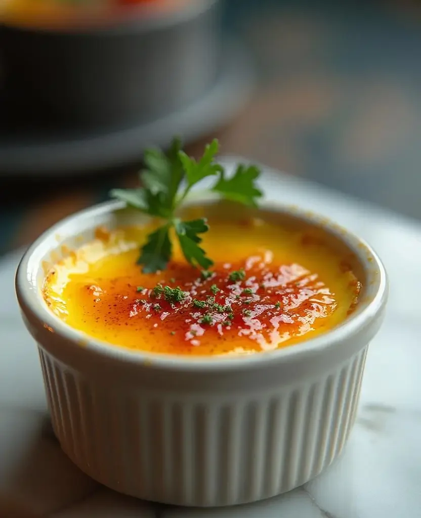 Savory crab brûlée with caramelized topping, garnished with fresh parsley in a white ramekin.