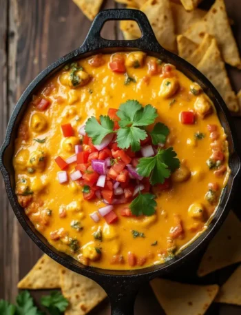 Skillet filled with smoked queso dip topped with diced tomatoes, red onions, and fresh cilantro, surrounded by crispy tortilla chips on a rustic wooden table.