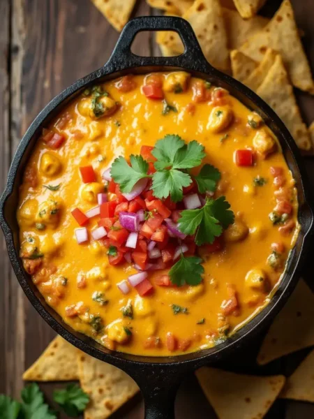 Skillet filled with smoked queso dip topped with diced tomatoes, red onions, and fresh cilantro, surrounded by crispy tortilla chips on a rustic wooden table.