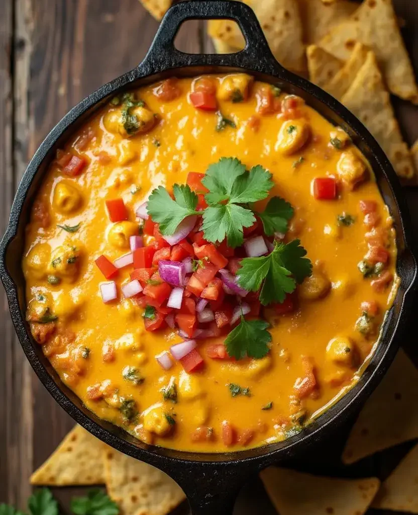 Skillet filled with smoked queso dip topped with diced tomatoes, red onions, and fresh cilantro, surrounded by crispy tortilla chips on a rustic wooden table.