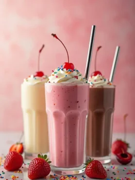 Three tall glasses of milkshakes in strawberry, vanilla, and chocolate flavors, topped with whipped cream, colorful sprinkles, and a cherry, with fresh strawberries and sprinkles scattered on a light surface against a pink background.