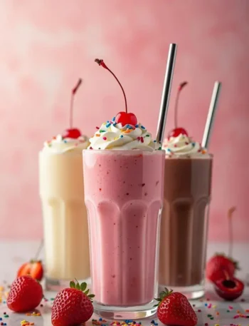 Three tall glasses of milkshakes in strawberry, vanilla, and chocolate flavors, topped with whipped cream, colorful sprinkles, and a cherry, with fresh strawberries and sprinkles scattered on a light surface against a pink background.