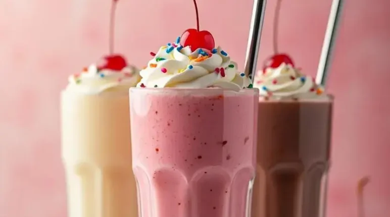 Three tall glasses of milkshakes in strawberry, vanilla, and chocolate flavors, topped with whipped cream, colorful sprinkles, and a cherry, with fresh strawberries and sprinkles scattered on a light surface against a pink background.