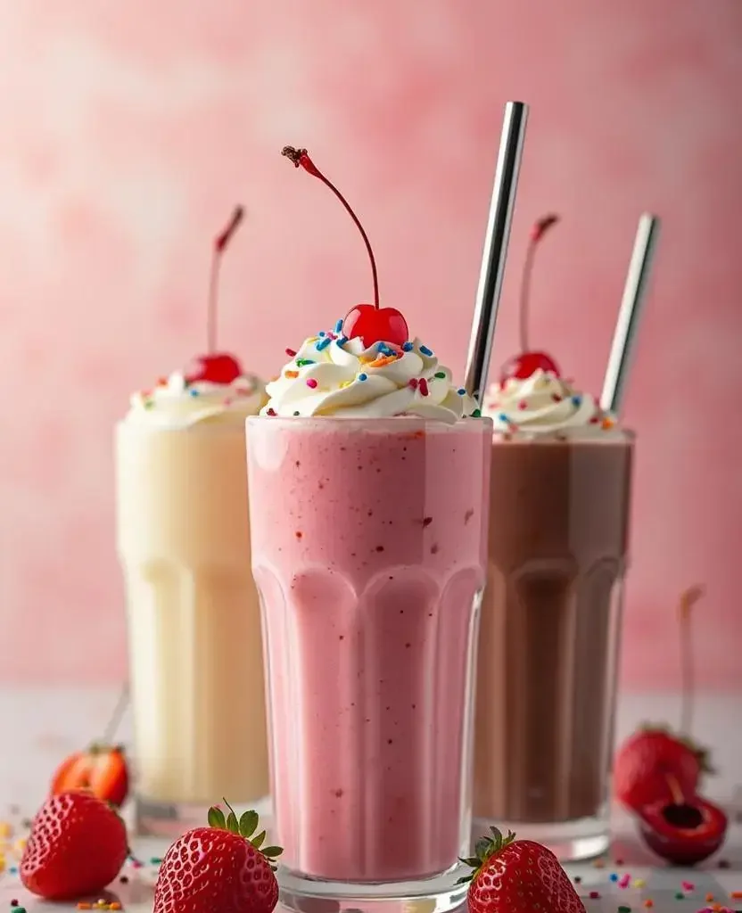 Three tall glasses of milkshakes in strawberry, vanilla, and chocolate flavors, topped with whipped cream, colorful sprinkles, and a cherry, with fresh strawberries and sprinkles scattered on a light surface against a pink background.